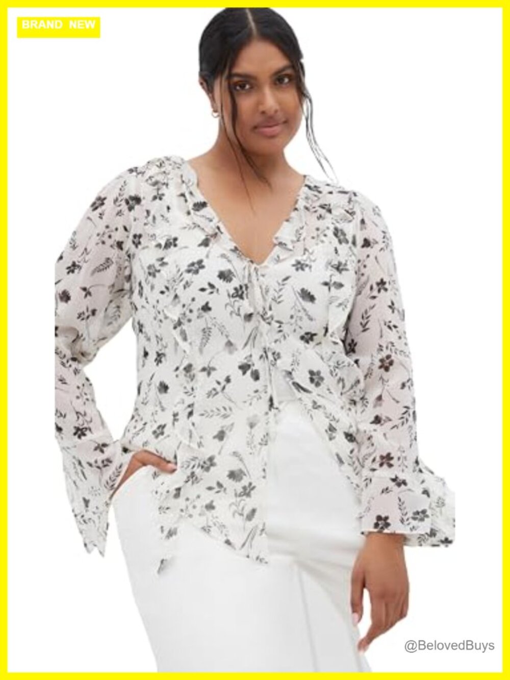 City Chic Plus Size Floral Ruffle V-Neck Long Sleeve Tunic Top